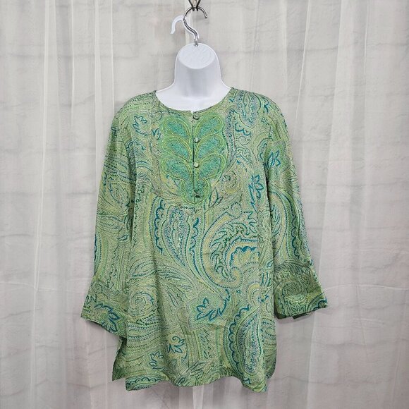 Coldwater Creek Green Blue Paisley Silk Blouse Peasant Retro Embroidered PL - Picture 13 of 13